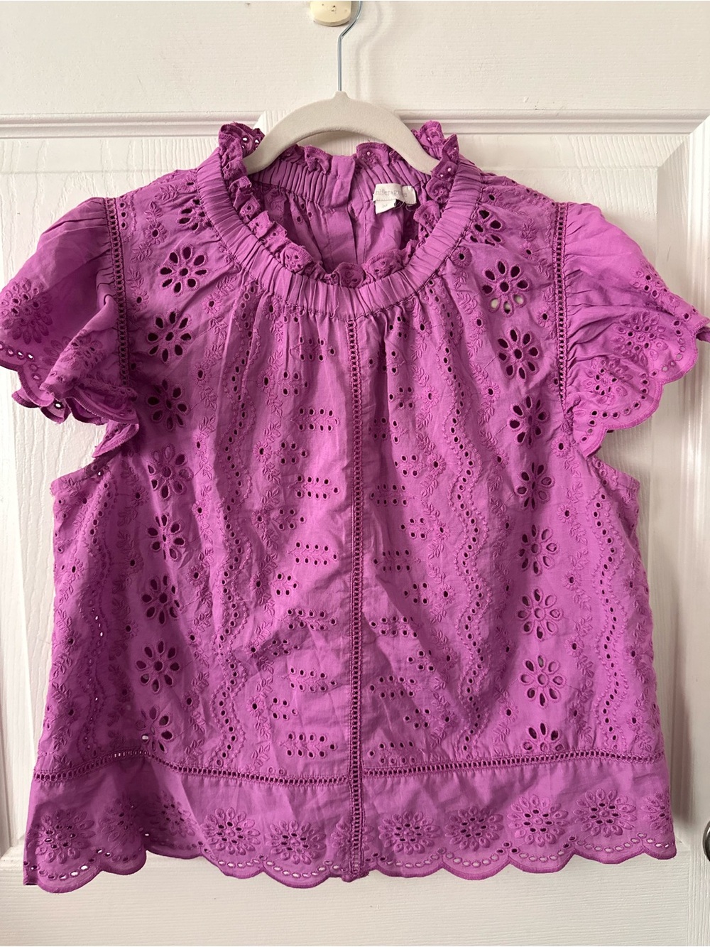 Eyelet Ruffle Sleeve Blouse in Magenta